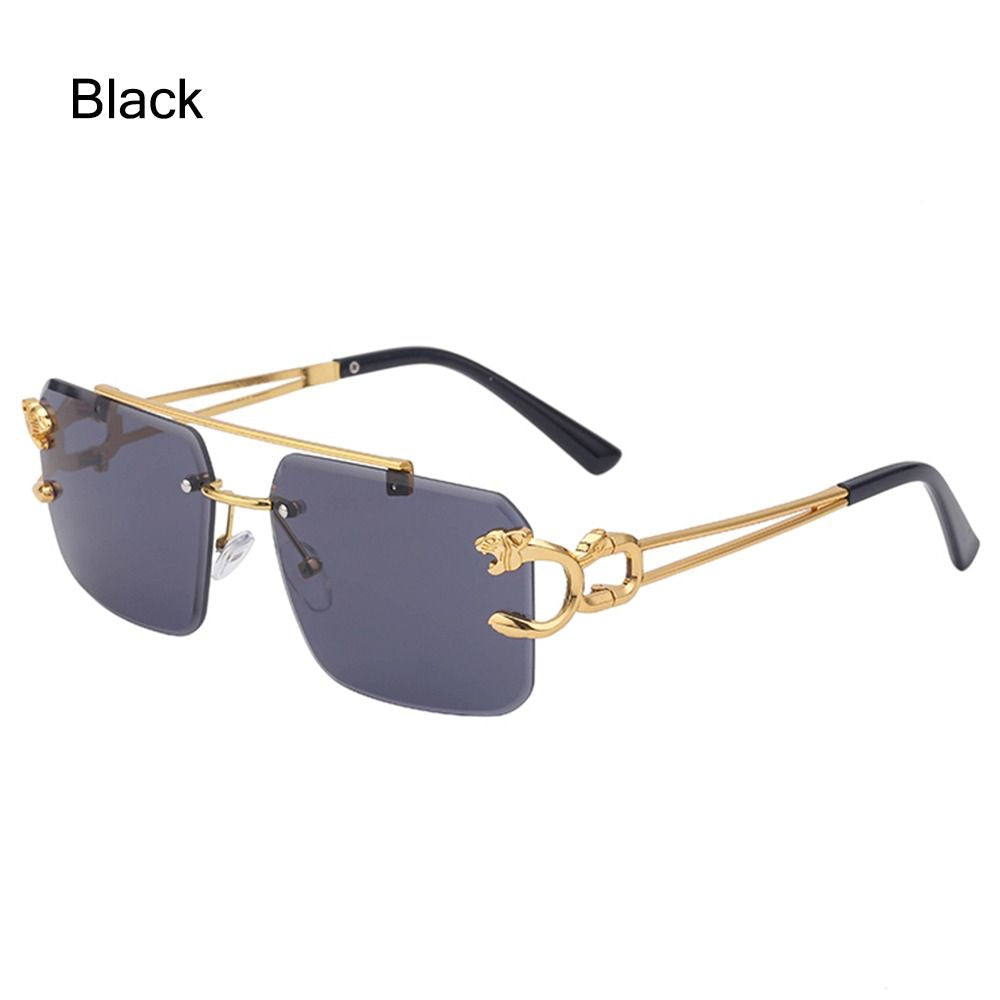 Leopard Rimless Rectangle Sunglasses Women Men Glasses Metal Gold Polygon Blue Shades UV400 Frameless Vintage