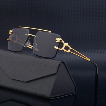 Leopard Rimless Rectangle Sunglasses Women Men Glasses Metal Gold Polygon Blue Shades UV400 Frameless Vintage