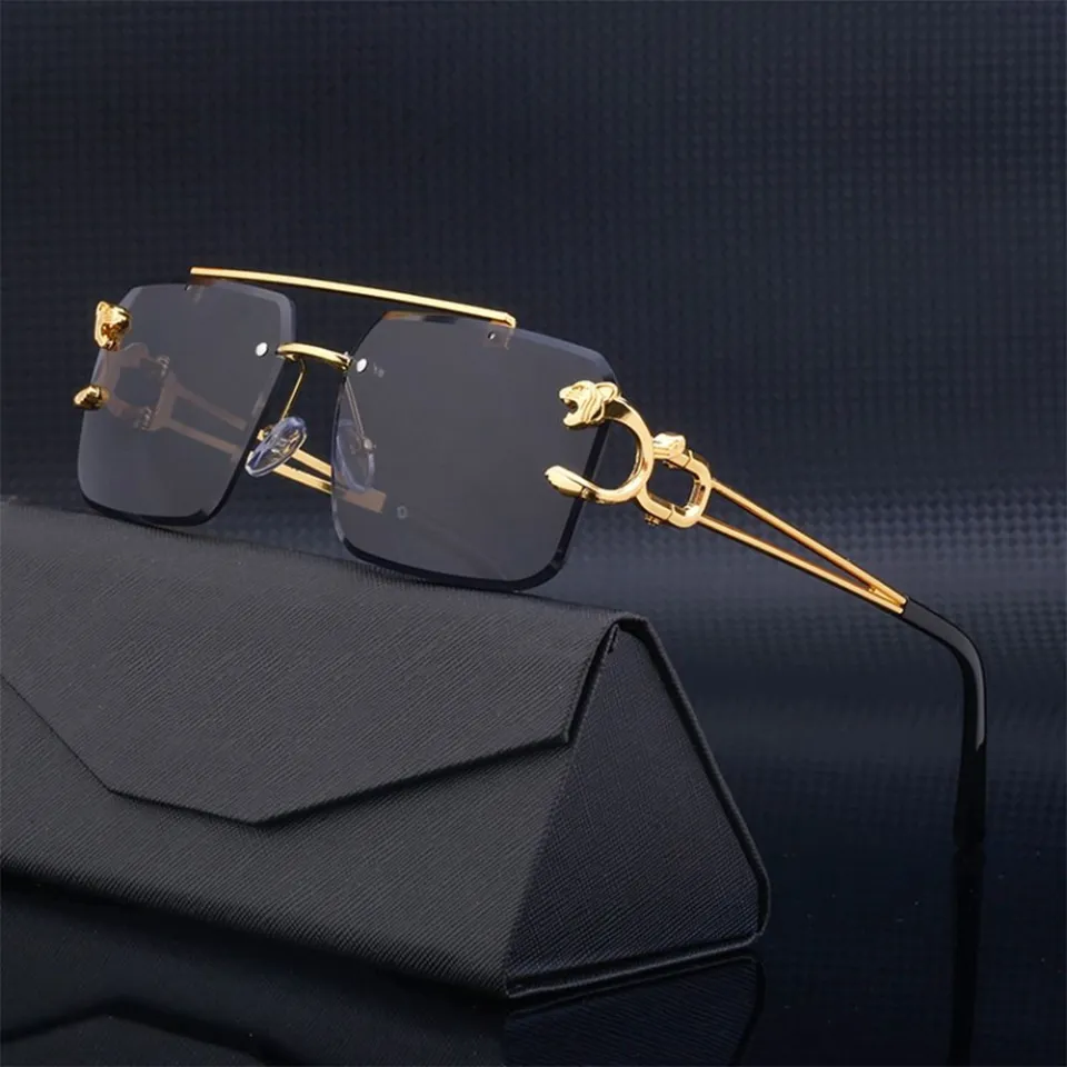 Leopard Rimless Rectangle Sunglasses Women Men Glasses Metal Gold Polygon Blue Shades UV400 Frameless Vintage