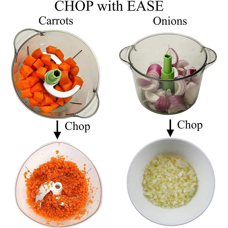 Manual Hand Operated Chopper Pump Action With Free 3 Blades Food Processor Portable Container And Easy To Clean Kitchen Gadget.