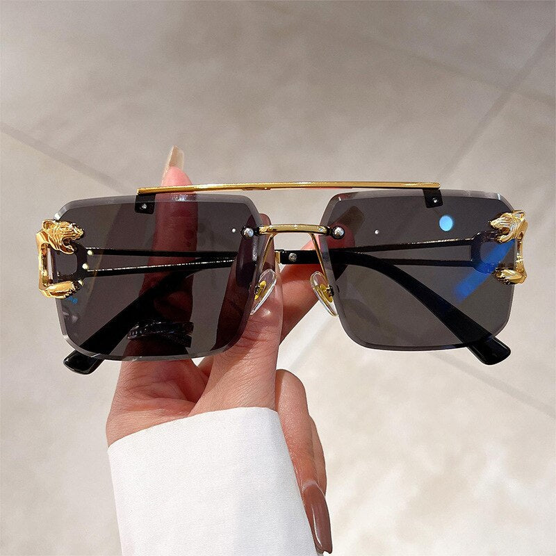 Leopard Rimless Rectangle Sunglasses Women Men Glasses Metal Gold Polygon Blue Shades UV400 Frameless Vintage